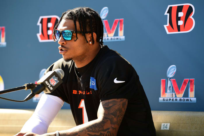 Feb 11, 2022; Los Angeles, CA, USA; Cincinnati Bengals wide receiver Ja'Marr Chase (1) speaks during media availabilty for Super Bowl LVI at Drake Stadium. Mandatory Credit: Gary A. Vasquez-USA TODAY Sports